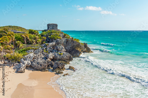 The Mayan Ruins of Tulum and its beach by the Caribbean Sea, Quintana Roo state, Yucatan Peninsula, Mexico. photo