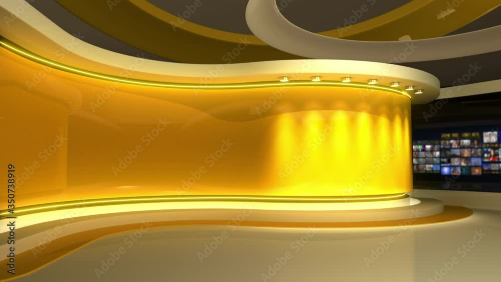Tv studio. News room. Studio. Yellow background. Newsroom bakground. Control room. Backdrop for any green screen or chroma key video production. Blurred of studio at TV station. Loop. 3D rendering. 