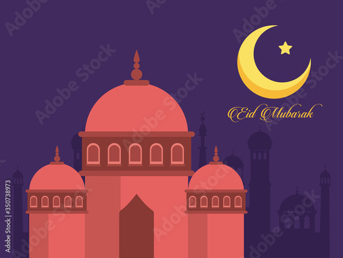 eid mubarak celebration card with mosque and moon