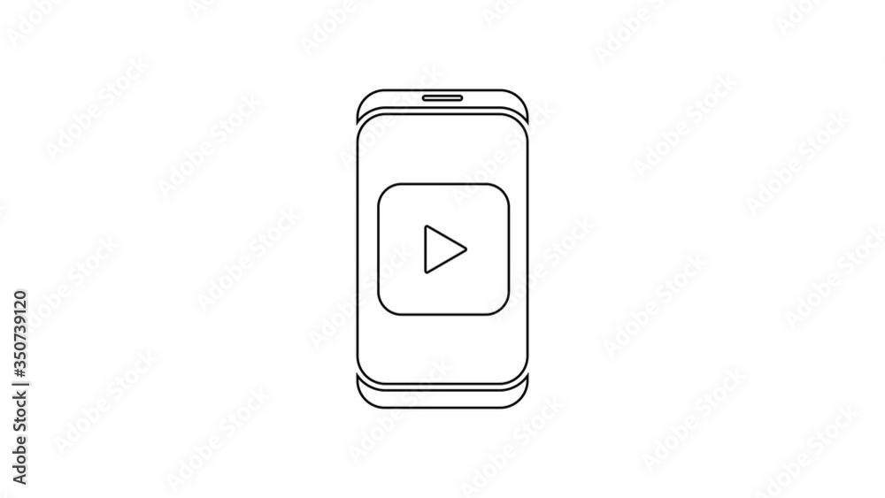 Black line Online play video icon isolated on white background. Smartphone and film strip with play sign. 4K Video motion graphic animation Black line Online play video icon isolated on white background. Smartphone and film strip with play sign. 4K Video motion graphic animation