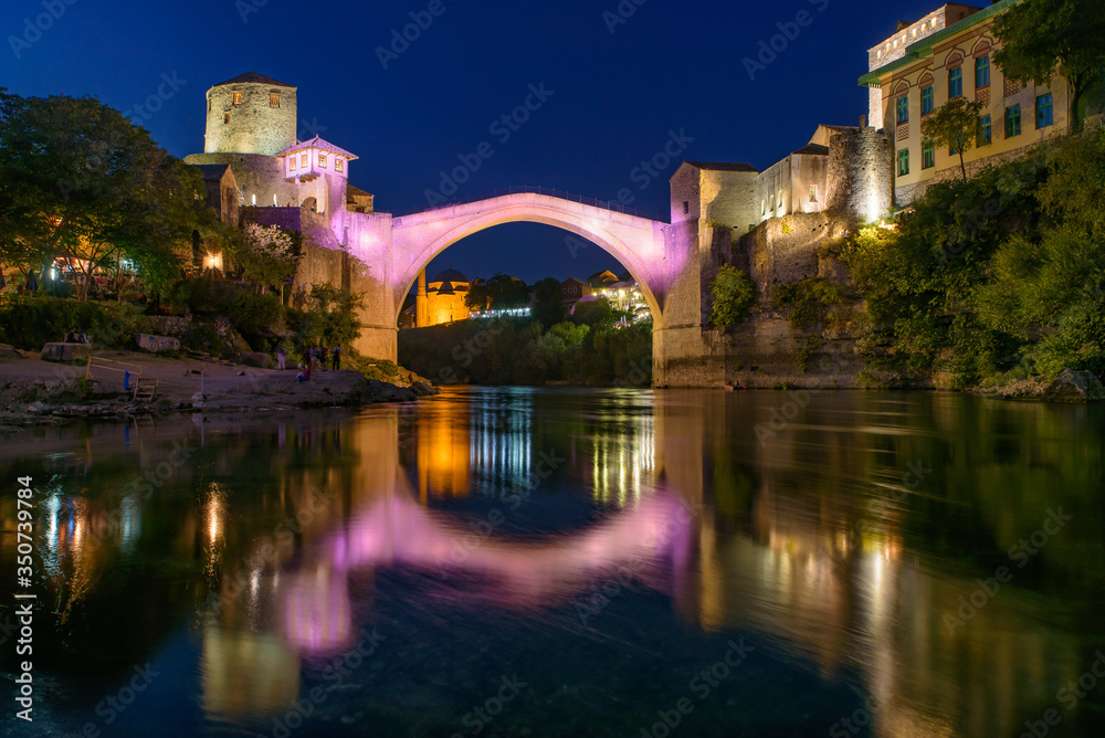 Mostar Bridge at night, an Ottoman bridge in Mostar, Bosnia and Herzegovina