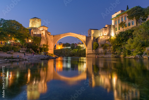 Mostar Bridge at sunset time, an Ottoman bridge in Mostar, Bosnia and Herzegovina