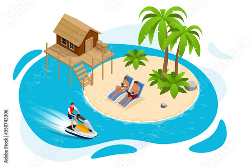 Isometric Summer Vacation concept. Summer time. Luxury overwater thatched roof bungalow in a honeymoon vacation resort in the clear blue lagoon with a view on the tropical island. Tropical vacations