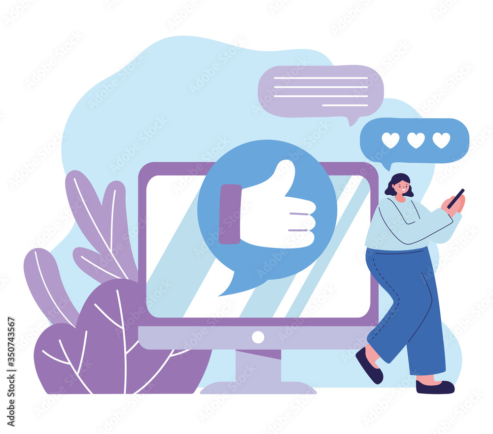 Woman with smartphone and computer chatting vector design