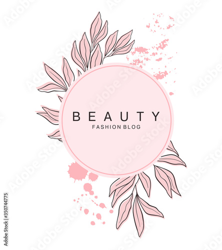 Abstract floral card with hand drawn pastel pink brush strokes and eucalyptus...