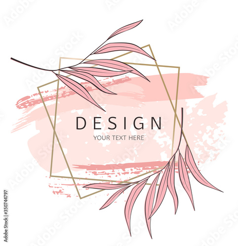 Abstract floral card with hand drawn pastel pink brush strokes and eucalyptus...