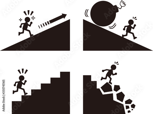 A set of cartoon silhouette illustrations depicting a life of improvement and decline.