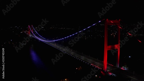 Fatih Sultan Mehmet Bridge Night Aerial Drone View at Covid-19 Isolation Days