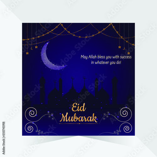 Beautiful eid mubarak design with mosque moon star  light