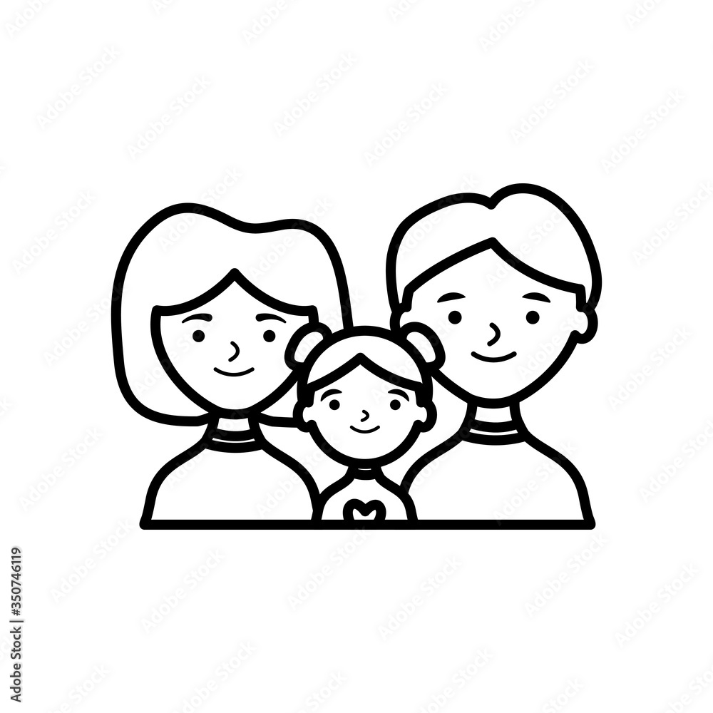 cartoon happy family with little girl, line style cartoon happy family with little girl, line style