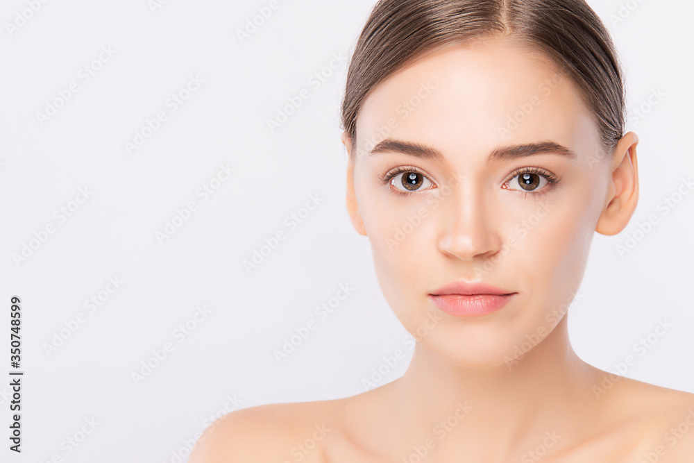 close up Beauty Woman face Portrait, Beautiful Young Woman with Clean Fresh Healthy Skin, Facial treatment. Cosmetology, beauty and spa, isolated on white background close up Beauty Woman face Portrait, Beautiful Young Woman with Clean Fresh Healthy Skin, Facial treatment. Cosmetology, beauty and spa, isolated on white background