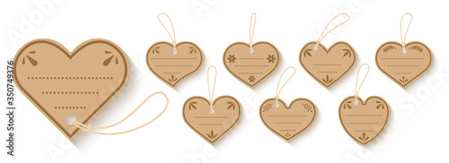 Brown paper price gift box tag with cord flat set. Heart shapes craft Valentines day sale shopping labels with rope. Isolated cardboard blank vintage decorated frames text box. Vector illustration