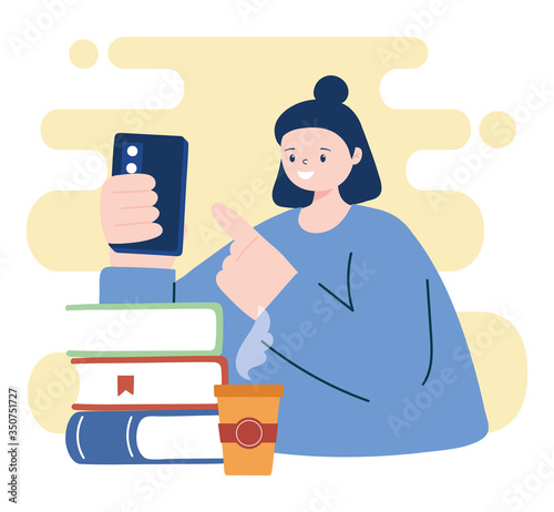 Woman with smartphone and books vector design