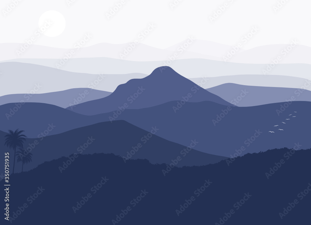 Fototapeta premium vector of the endless blue mountain view,It is morning time The sun has just risen.