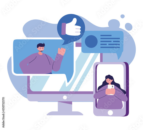 Woman and man with computer and smartphone chatting vector design