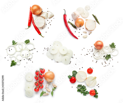 Fototapeta Naklejka Na Ścianę i Meble -  Composition with raw cut onion, spices and vegetables on white background