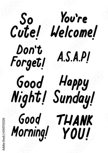Set of Short Phrase. Greeting Word. Hand Lettering Brush Calligraphy For blog and social media. Motivation and Inspiration Quotes. Design For Greeting Cards, Prints, Poster.