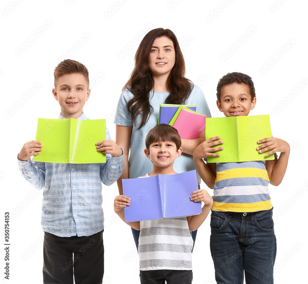 Female teacher with little children on white background Female teacher with little children on white background