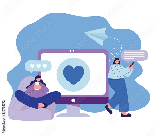 Women with smartphone and computer chatting vector design