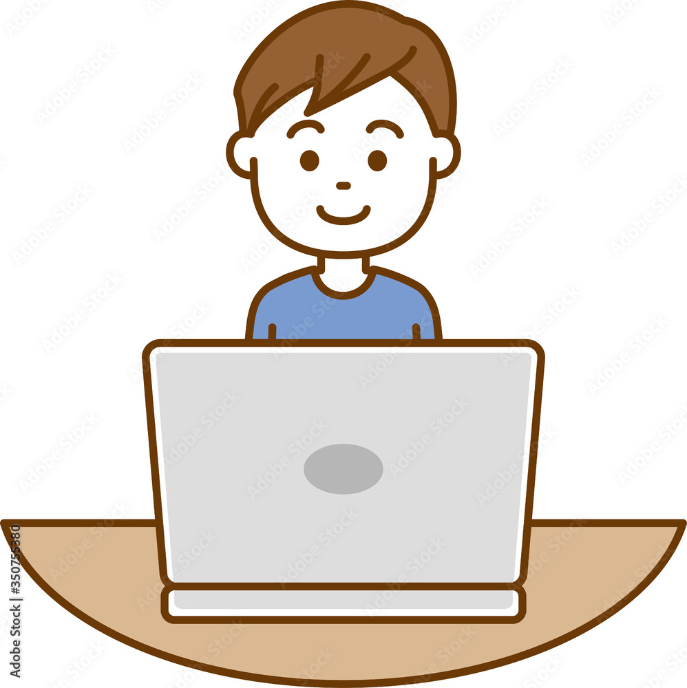 ノートパソコンを開いて見ている男の子のイメージイラスト