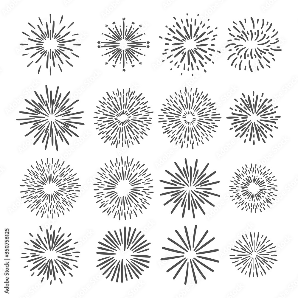 Set of fireworks hand drawing on a white background. Vector illustration.