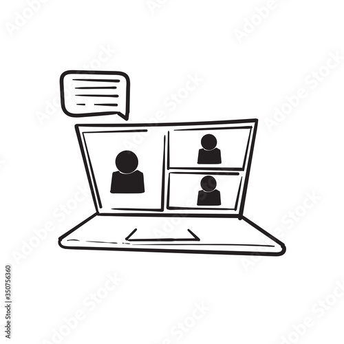 hand drawn Video conference icon. People on computer screen. Home office in quarantine times. Digital communication. Internet teaching media. doodle