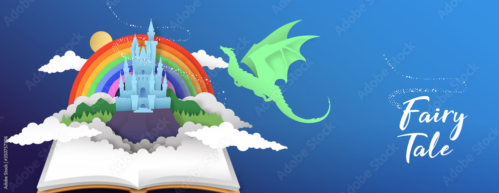 Fairy tale book banner papercut castle and dragon - obrazy, fototapety, plakaty 