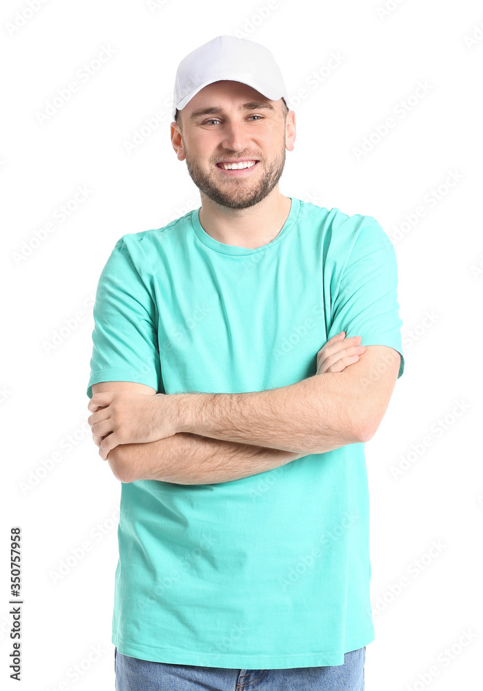 Handsome man in stylish cap on white background Handsome man in stylish cap on white background