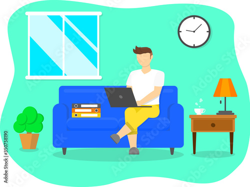 Work from home, Home office concept. Man siting on sofa and working on laptop.
