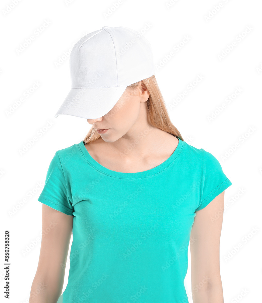 Beautiful young woman in stylish cap on white background Beautiful young woman in stylish cap on white background
