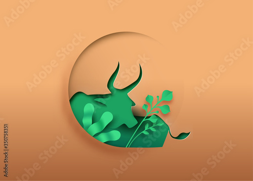 Ox bull animal Paper cut with green eco leaf
