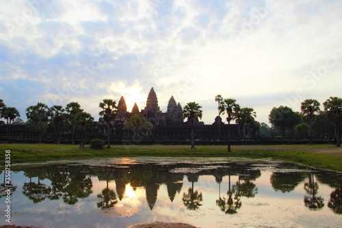 Angkor wat at sunrise with reflection and sky at siem reap cambodia