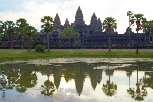 Angkor wat at sunrise with reflection and sky at siem reap cambodia