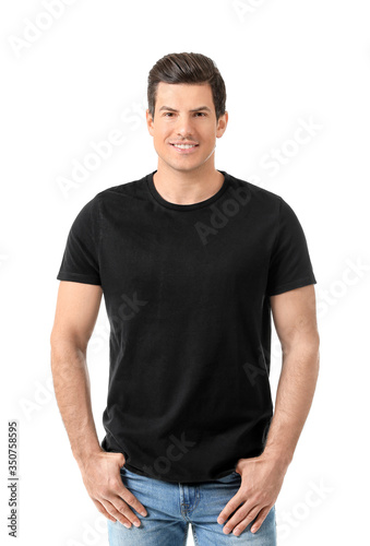 Man in stylish t-shirt on white background © Pixel-Shot