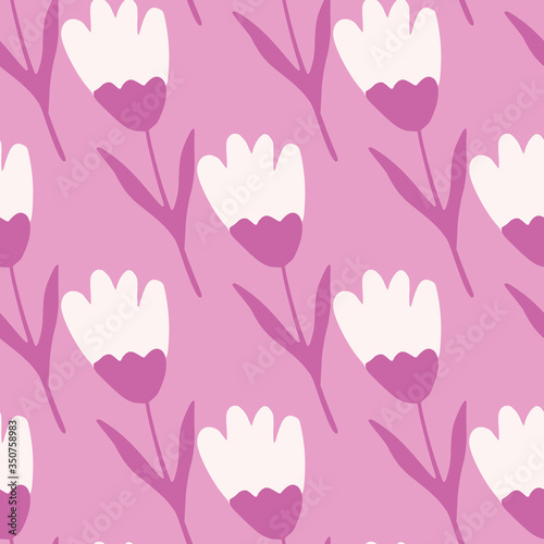 Pink tulip seamless pattern in simple style. Abstract floral backdrop. Cute flower wallpaper.