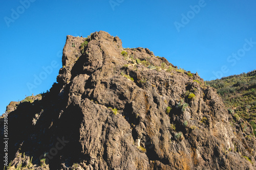 Mountain and rock landscape with blue sky and cacti (cactus) , Cajón del Maipo, Chile