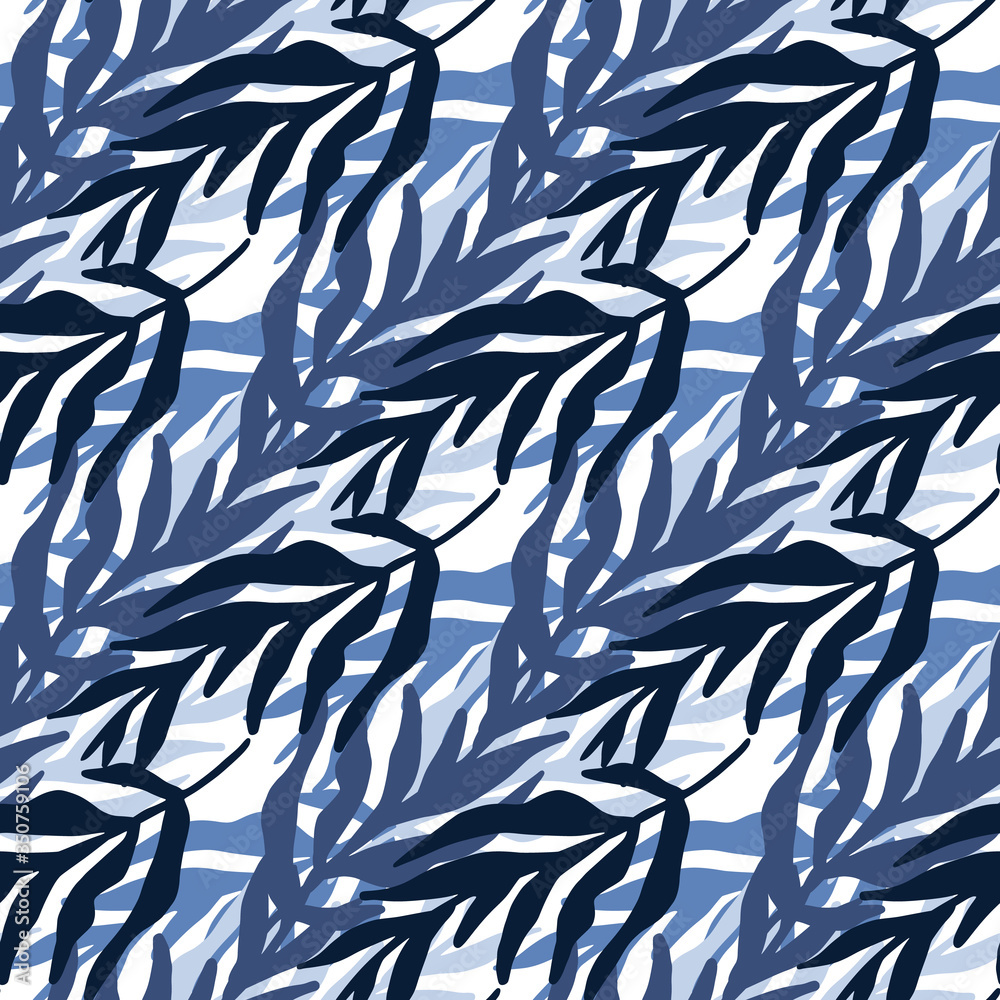 Abstract jungle plants leaves seamless pattern in blue colors. Trendy tropical leaf wallpaper.