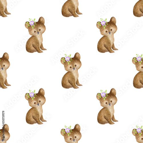 Seamless pattern with cute animals on a white background. Hand painted watercolor illustration.