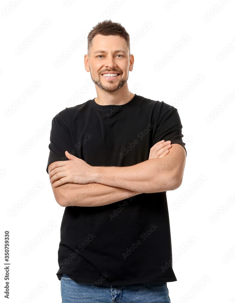 Man in stylish t-shirt on white background Man in stylish t-shirt on white background