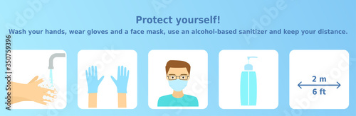 Vector illustration 'Protect yourself! Wash your hands, wear gloves and a face mask, use an alcohol-based sanitizer and keep your distance'. 5 icons set. Infographic for health posters and banners.