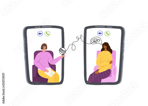 Psychological online services - personal distance support or assistance at home by internet. Upset girl talking with psychologist doctor, individual helpful therapy session or consultation vector