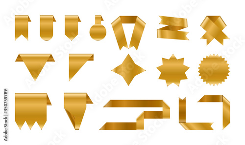 Shiny foil gold labels and ribbon set. Metallic background banner. Congratulation gradient retro flag, tape for text, price tag, sale label. Blank template different shape Isolated vector illustration