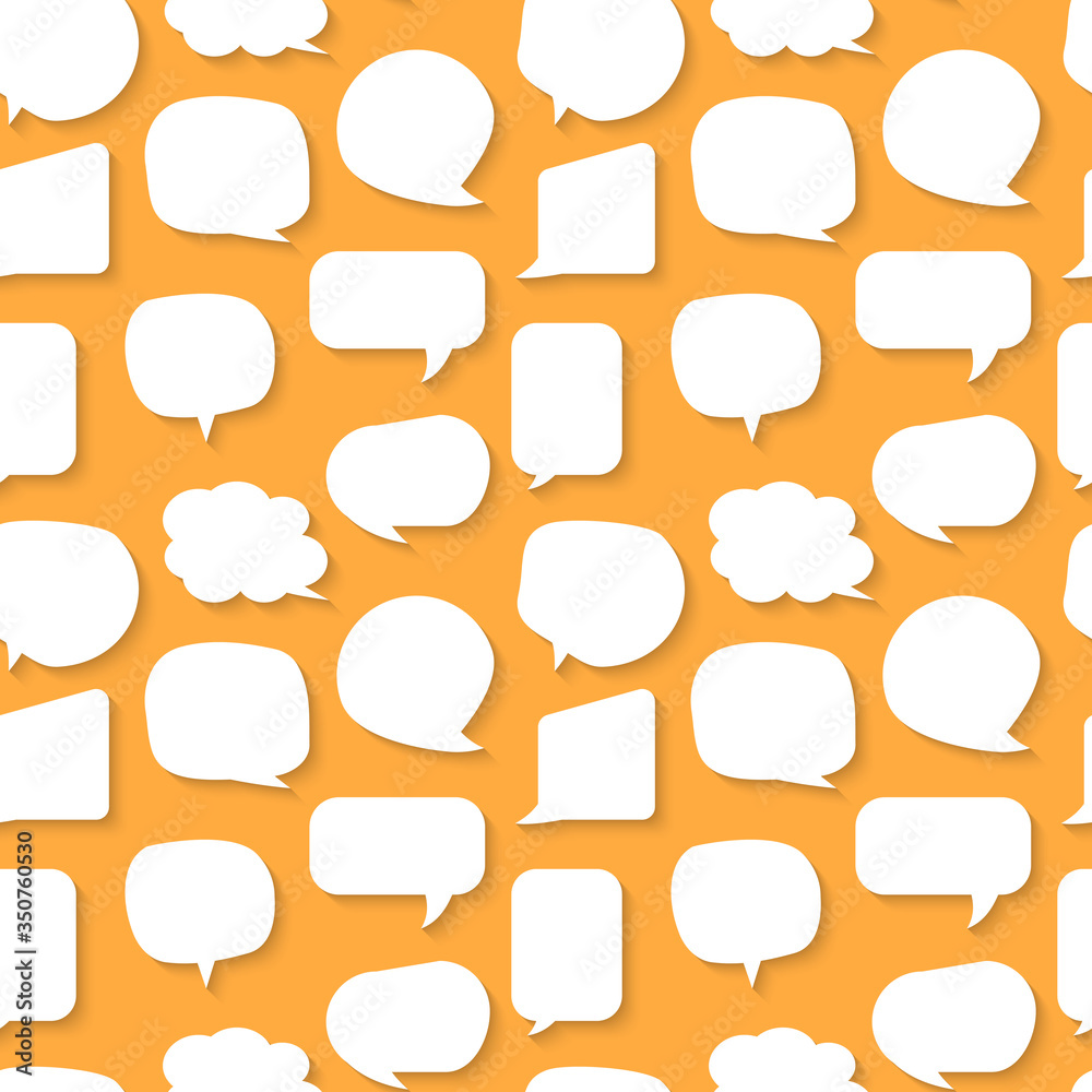 Speech soap bubble seamless pattern. Limitless orange background with white flat cartoon talk, message sign. Funny comics template. Repeat ornament for paper wrap, fabric, print. Vector illustration Speech soap bubble seamless pattern. Limitless orange background with white flat cartoon talk, message sign. Funny comics template. Repeat ornament for paper wrap, fabric, print. Vector illustration