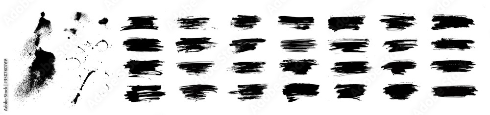 Ink brush stroke with splashes stencil, detailed set. Isolated brush strokes paint. Black inked splatter dirt stain splattered spray splash with drops blots. Ink splatter and dirt lines. Vector set