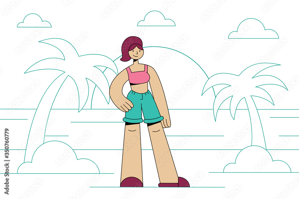 Cute girl on the beach. Vector landscape with palms. Flat concept design. Summer vacation.
