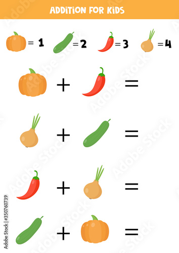Addition for kids with cartoon vegetables.  Math game for kids.