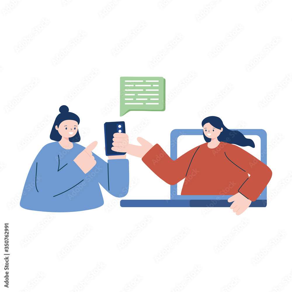 Women with smartphone and laptop vector design