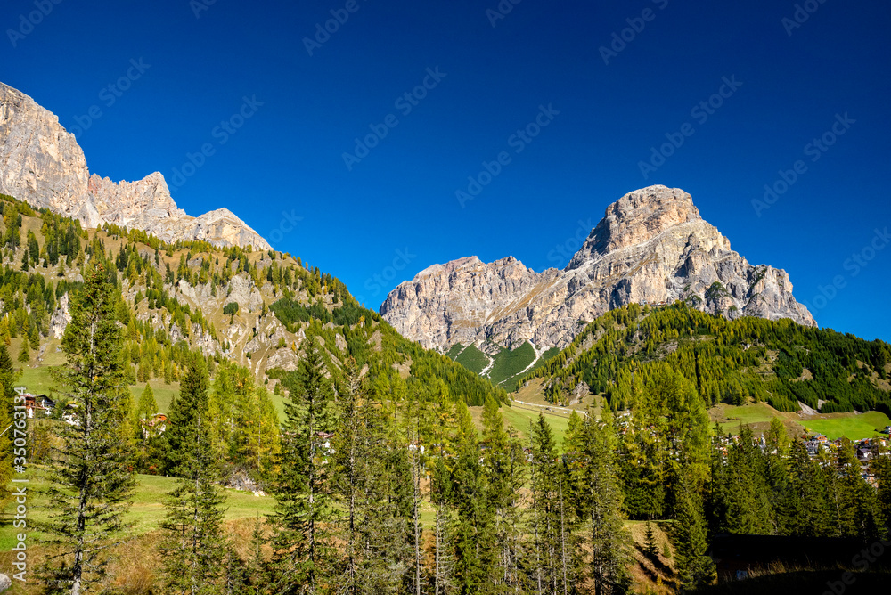 View of massiccio Sassongher in Val Badia. Italian Dolomites