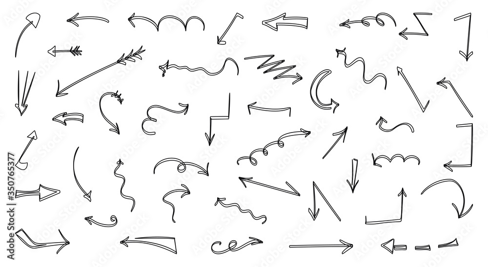 Parallel line hand drawn black arrows set. Doodle left right down direction sign collection. Sketch curve arrow cursor symbols. Business up graphic design element Isolated on white vector illustration Parallel line hand drawn black arrows set. Doodle left right down direction sign collection. Sketch curve arrow cursor symbols. Business up graphic design element Isolated on white vector illustration