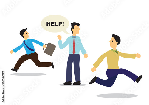 Colleagues run away from businessman asking for help.